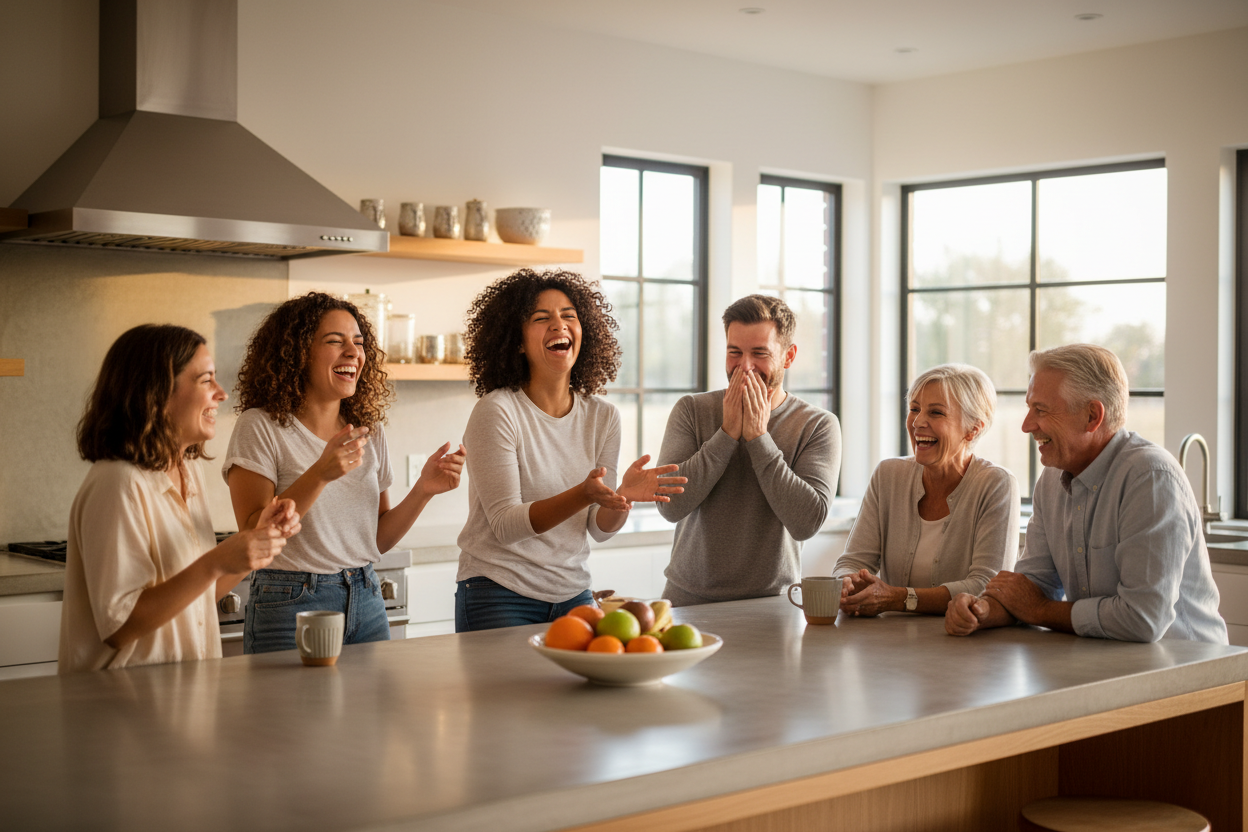 people laughing in kitchen 4k